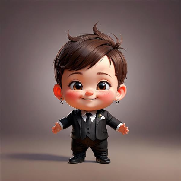 کودک خوش‌تیپ با گوشواره: تصویر کارتونی مدیرعامل کوچک با جلیقه و ژست خندان