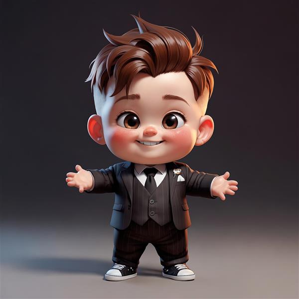 بیزنس‌من با کفش ورزشی: تصویر فانتزی کودک با کراوات و جلیقه راه‌راه و کفش مشکی سفید