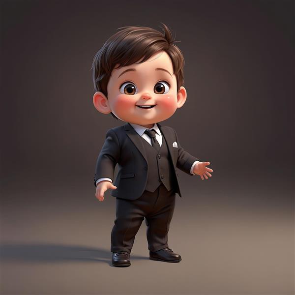 جنتلمن کوچک رسمی: تصویر کارتونی کودک در حال قدم زدن با جلیقه و کراوات مشکی
