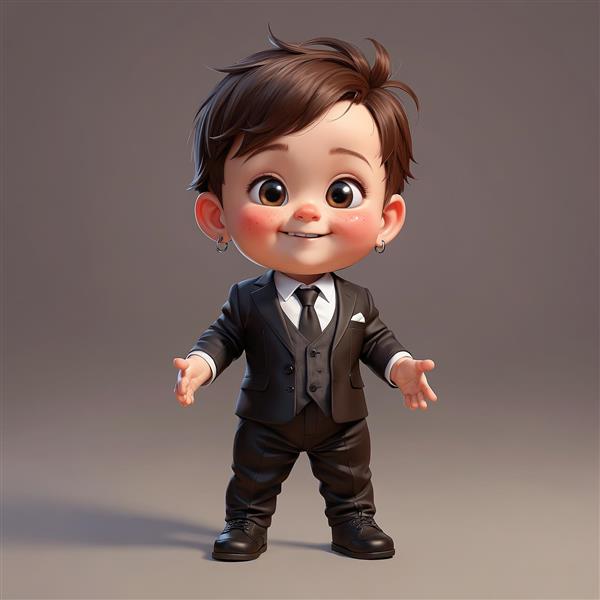 پرتره بیزنس‌من کوچک با جلیقه: تصویر کارتونی با ژست دعوت‌کننده و کراوات سیاه