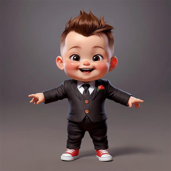 مدیر کوچک اسپرت: تصویر کارتونی کودک با کت و شلوار و کفش‌های آل‌استار قرمز