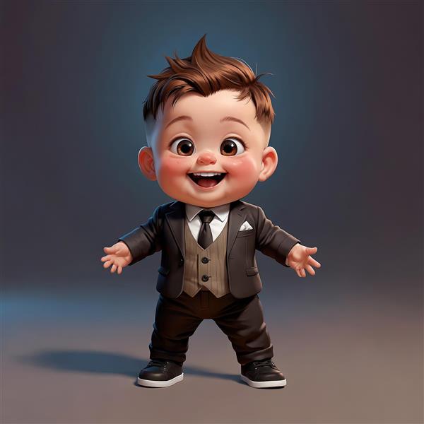 جنتلمن کوچک: تصویر کارتونی کودک با مدل موی کلاسیک، جلیقه قهوه‌ای و کراوات