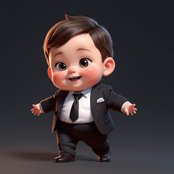 کودک خوش‌تیپ با کراوات باریک: تصویر کارتونی تمام‌قد در حال ژست گرفتن با کت و شلوار مشکی