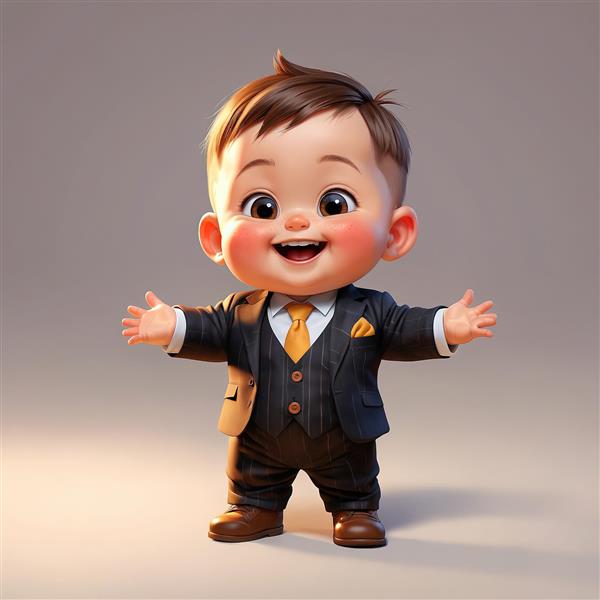 مدیر کوچک شاد: تصویر کارتونی با کت و شلوار راه‌راه، جلیقه و کراوات طلایی/زرد