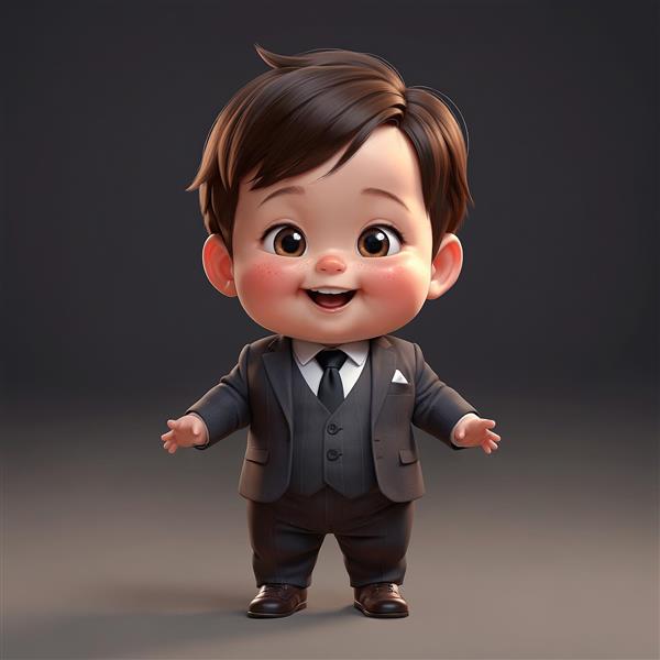 پرتره کودک مدیر با جلیقه رسمی: تصویر کارتونی با کت و شلوار سه تکه و کراوات مشکی