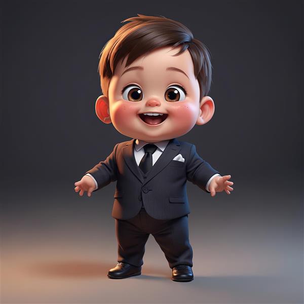 کودک خوشحال با کت و شلوار رسمی: تصویر کارتونی با کراوات مشکی و دستمال سفید