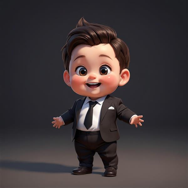 تصویر کارتونی کودک کارآفرین: پرتره با کت و شلوار مشکی و کراوات سیاه