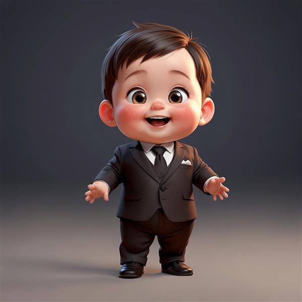 مدیر عامل کوچک: تصویر فانتزی کودک با کت و شلوار مشکی، کراوات سیاه و دستمال جیبی