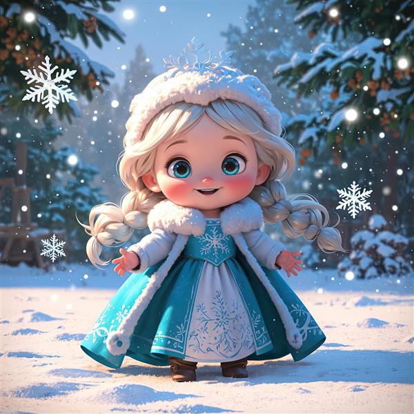 ملکه برفی کوچک: السا با کلاه خزدار و پالتو سفید در جنگل صنوبر برفی