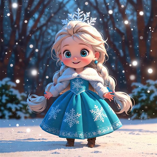 پرنسس السای خندان: تصویر فانتزی با تاج دانه برف و پس‌زمینه درختان تیره در شب برفی