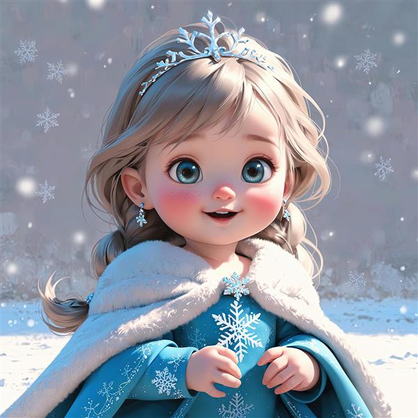 پرنسس السای خندان: تصویر فانتزی با تاج دانه برف و پس‌زمینه درختان تیره در شب برفی