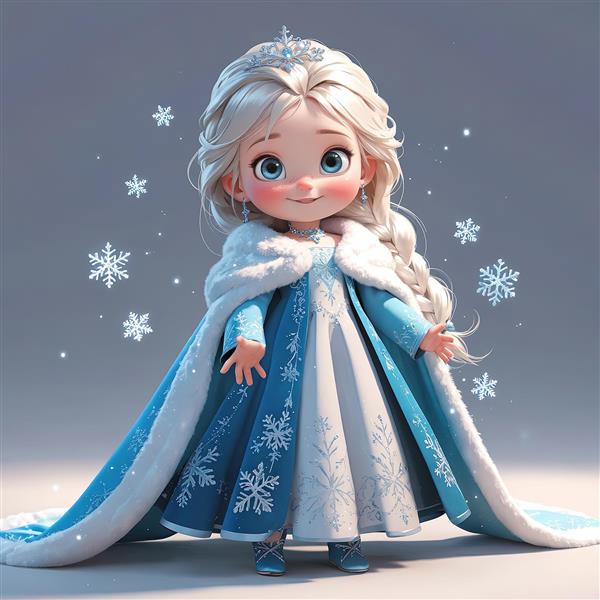 شنل سلطنتی السا: تصویر کارتونی کودک با شنل بلند آبی و سفید و دامن پرچین