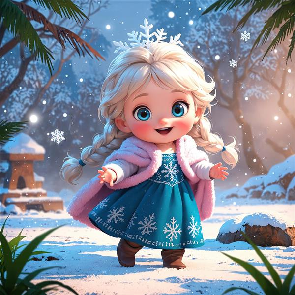 السا در نخلستان برفی: تصویر کارتونی کودک با شنل صورتی و محیط استوایی/زمستانی