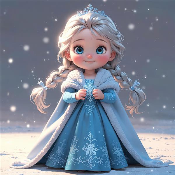 شاهزاده خانم یخ‌زده: تصویر تمام‌قد کارتونی السا با شنل بلند و تاج کریستالی در برف