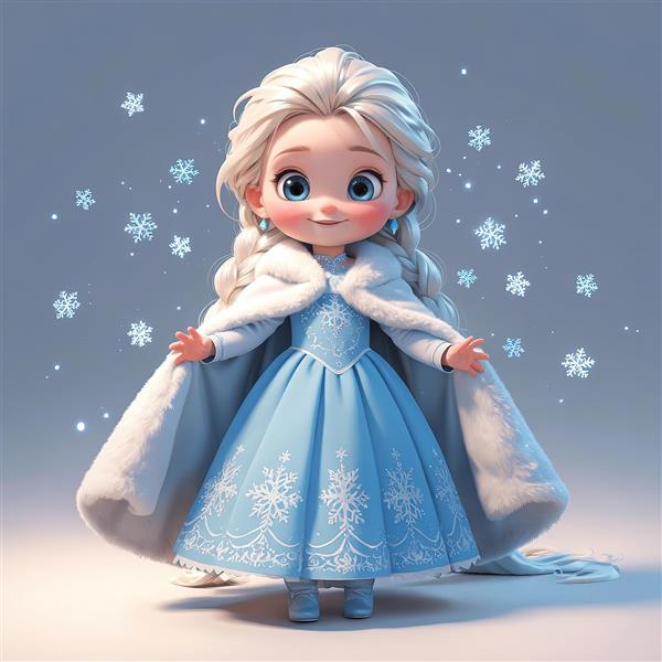 رقصیدن در میان برف‌ها: تصویر کارتونی کودک السا با شنل مجلل و دانه‌های برف معلق
