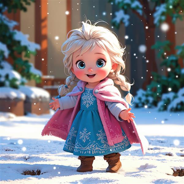 السا و بارش برف: تصویر کارتونی کودک در حال بازی در برف با شنل صورتی و چکمه