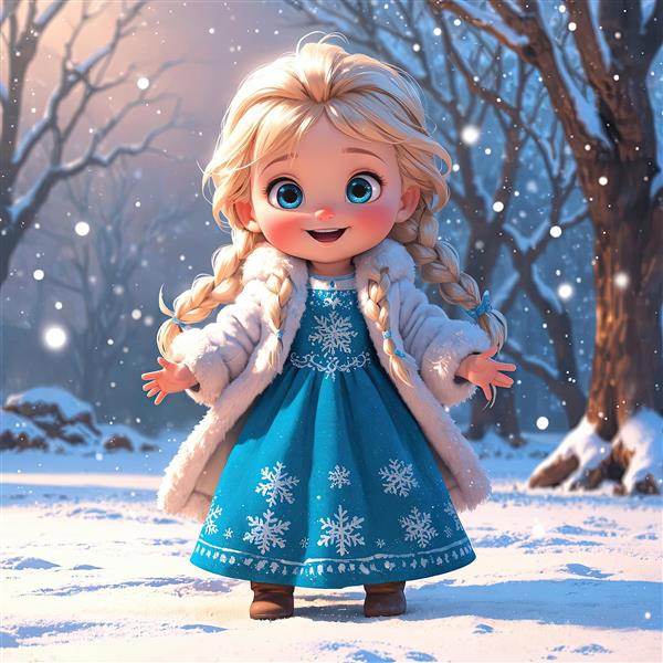 السا در جنگل برفی: تصویر کارتونی با لبخند شاد و پالتوی خز سفید در زمستان