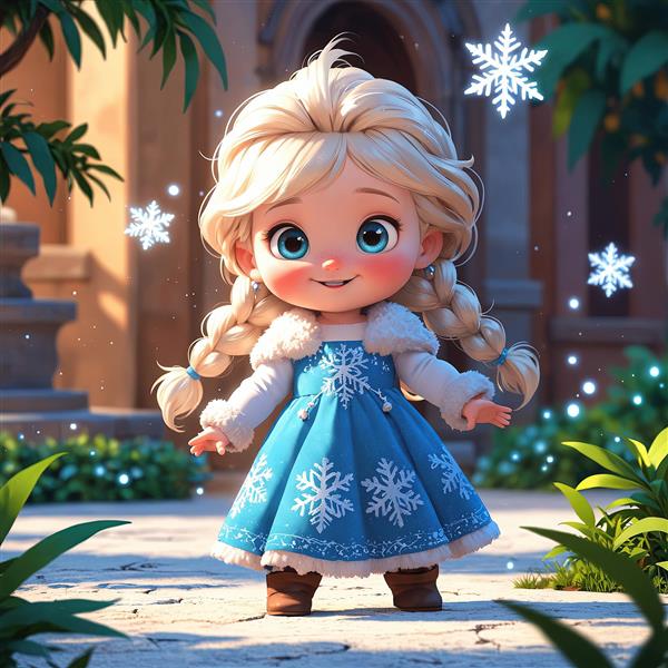 تصویر کارتونی السای کوچک در باغ برفی: طراحی فانتزی با نورپردازی گرم و محیط سبز