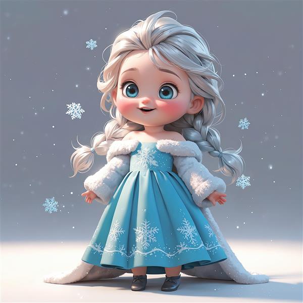 تصویر سه بعدی السای کودکانه با لباس بنفش و شنل بلند خزدار در باغ شکوفه‌های گیلاس