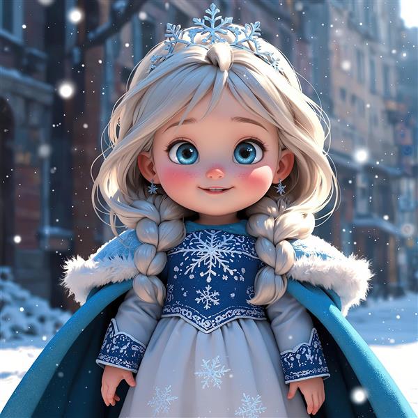 تصویر سه بعدی السای کودکانه در لباس رسمی زمستانی با کلاه و شنل در شهر برفی
