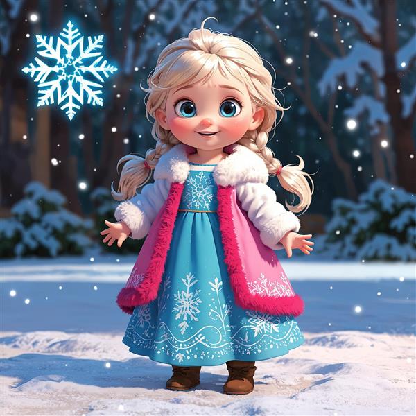 تصویر سه بعدی السای کودکانه با کاپشن زمستانی صورتی و شنل سفید در حال بارش برف