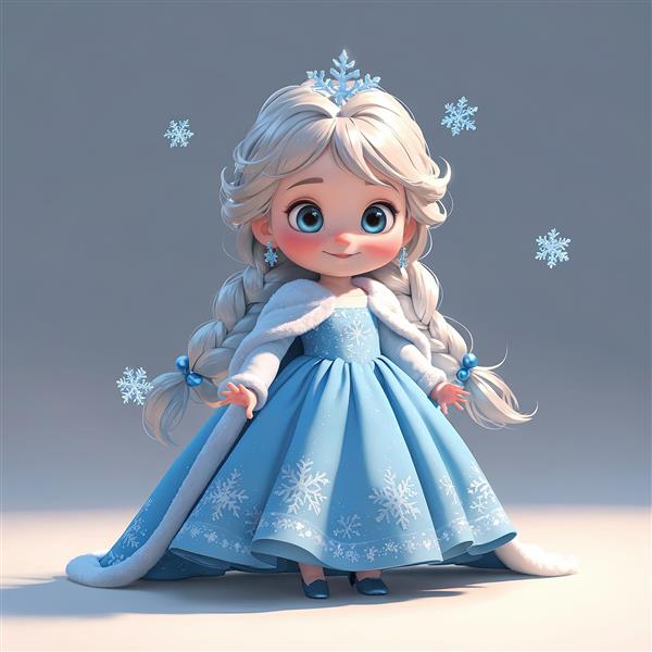 تصویر سه بعدی السای کودکانه شاد با تاج برفی و دامن بلند آبی در حال بارش برف
