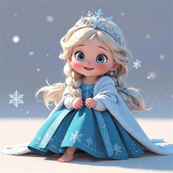 تصویر سه بعدی السای کودکانه نشسته با شنل خزدار سفید در حال بارش برف