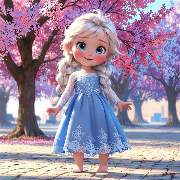 تصویر سه بعدی السای کودکانه با لباس آبی توری و آستین گیپور در باغ شکوفه‌های صورتی
