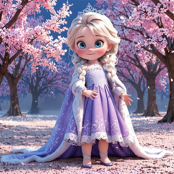 تصویر سه بعدی السا کودکانه با لباس بنفش و شنل بلند در باغ شکوفه‌های گیلاس