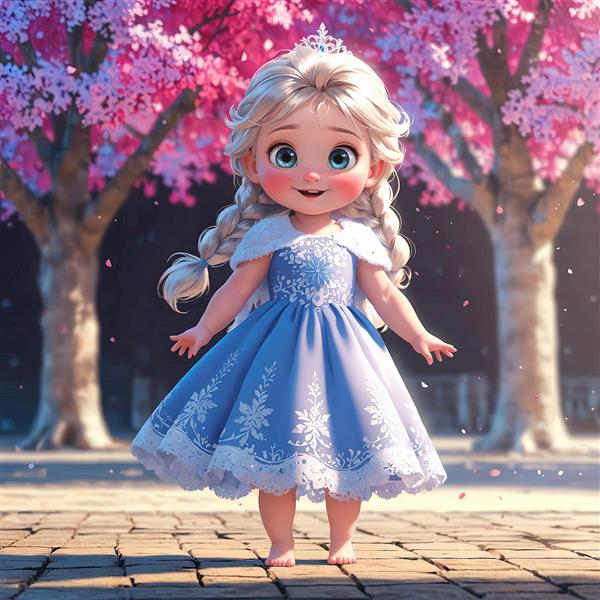 تصویر سه بعدی السا کودکانه شاد در لباس آبی با تاج در باغ شکوفه‌های گیلاس