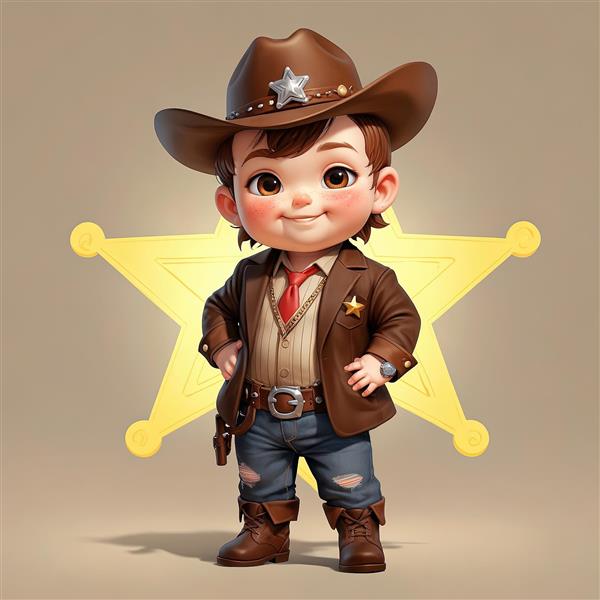 تصویر سه بعدی کودک کلانتر با کراوات قرمز و ستاره طلایی کلاه در پس‌زمینه بزرگ ستاره‌ای