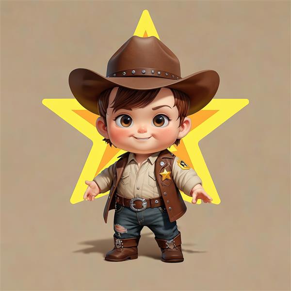 تصویر سه بعدی کودک کلانتر خندان با کراوات قرمز و ستاره طلایی در کلاه و جلیقه