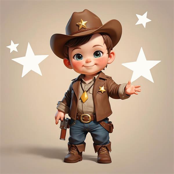 تصویر سه بعدی کودک کلانتر شاد با تفنگ و ژاکت چرمی در میان ستاره‌های سفید شناور