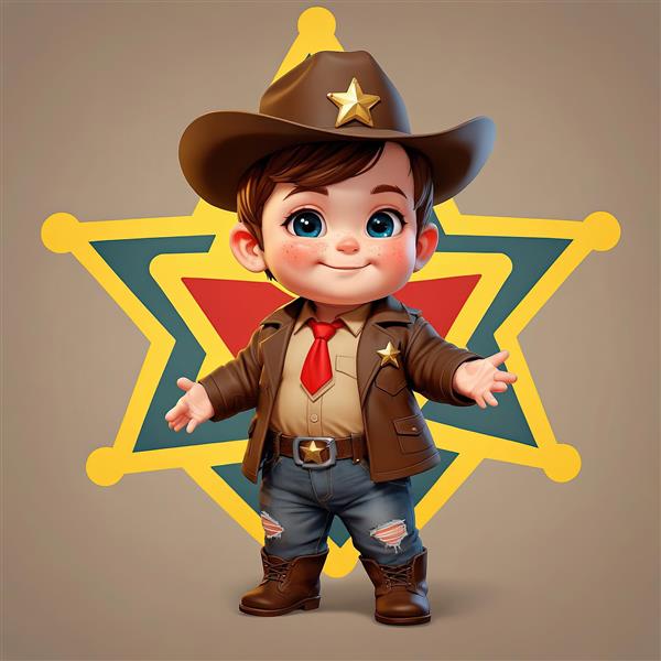 تصویر سه بعدی کودک کلانتر خندان با کت چرمی و کراوات قرمز در پس‌زمینه ستاره‌ای