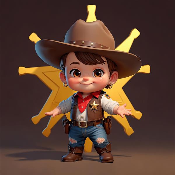 تصویر سه بعدی کودک کلانتر شاد با دستمال گردن قرمز و کاپشن جین در پس‌زمینه ستاره‌ای