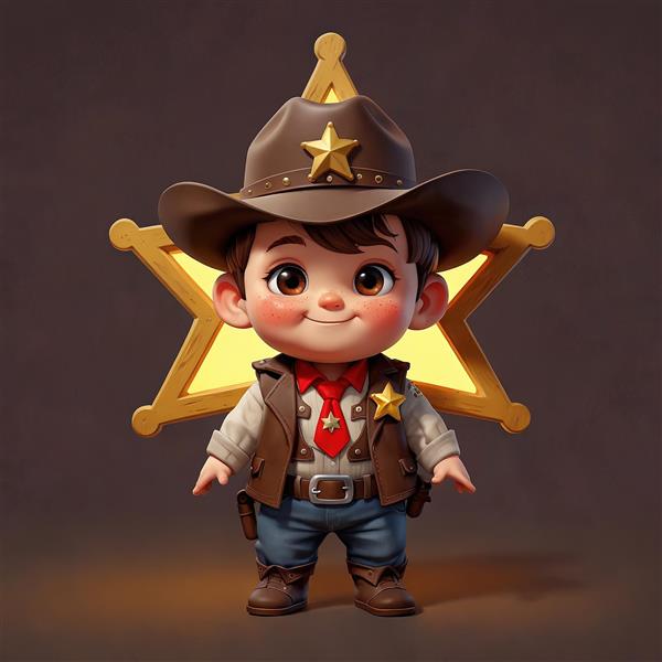 تصویر سه بعدی کودک کلانتر خندان با کراوات قرمز و ستاره کلانتری طلایی بزرگ