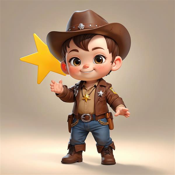 تصویر سه بعدی کودک کلانتر شاد با تفنگ، ستاره طلایی و ژاکت چرمی