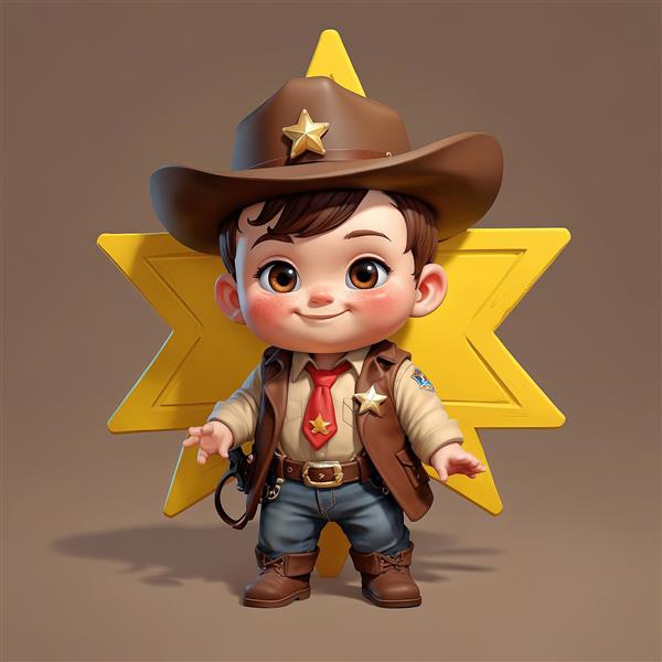 تصویر سه بعدی کودک کلانتر با کراوات قرمز و جلیقه در مقابل ستاره کلانتری بزرگ