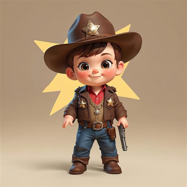 تصویر سه بعدی کودک کلانتر با ژاکت چرمی، تفنگ و ستاره انفجاری زرد