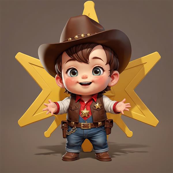 تصویر سه بعدی کودک کلانتر با جلیقه چرمی در مقابل ستاره کلانتری بزرگ و خندان