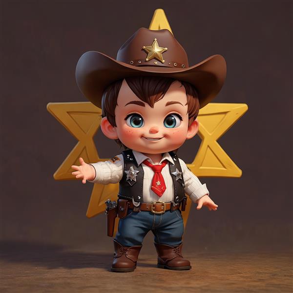 تصویر سه بعدی کودک کلانتر با کراوات قرمز در مقابل ستاره زرد کلانتری بزرگ