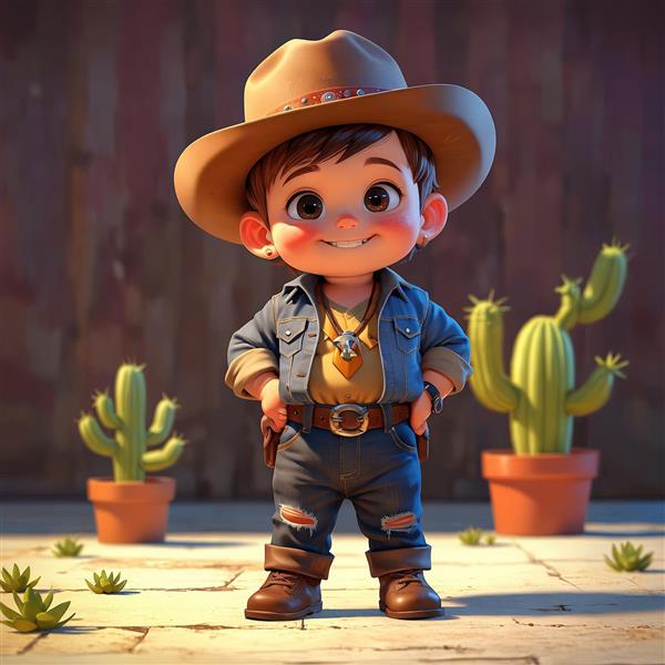 تصویر سه بعدی کودک کابوی خندان با ژاکت جین و کاکتوس‌های گلدانی در فضای داخلی