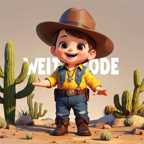 تصویر سه بعدی کودک کلانتر خندان با پیراهن زرد و متن در بیابان