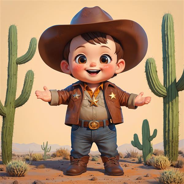 تصویر سه بعدی کودک کلانتر شاد با ژاکت چرمی و دو ستاره در محیط باز بیابانی