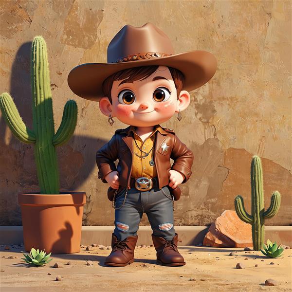 تصویر سه بعدی کودک کلانتر خندان با ژاکت چرمی و کمربند در کنار کاکتوس‌های گلدانی