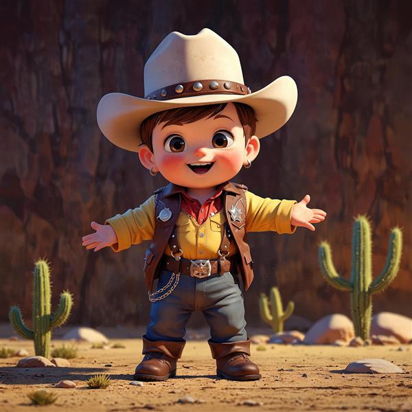 تصویر سه بعدی کودک کلانتر شاد با جلیقه چرمی در بیابان و دیواره‌های سنگی