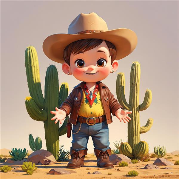 تصویر سه بعدی کودک کابوی با ژاکت چرمی و گردنبند سرخپوستی در فضای باز بیابانی