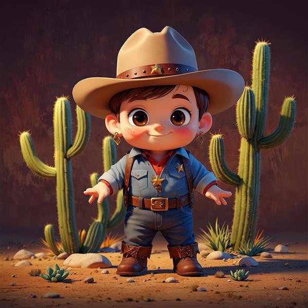 تصویر سه بعدی کودک کلانتر شاد با پیراهن جین و کلاه لبه پهن در صحرا