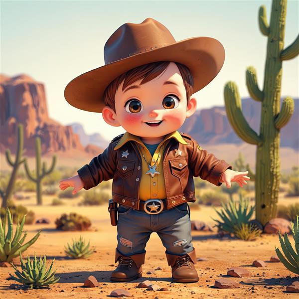 تصویر سه بعدی کودک کلانتر با ژاکت چرمی و ستاره کلانتری در منظره کوهستانی