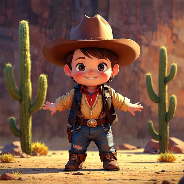 تصویر سه بعدی کودک کابوی با جلیقه مشکی و پیراهن کرم در بین دو کاکتوس بلند